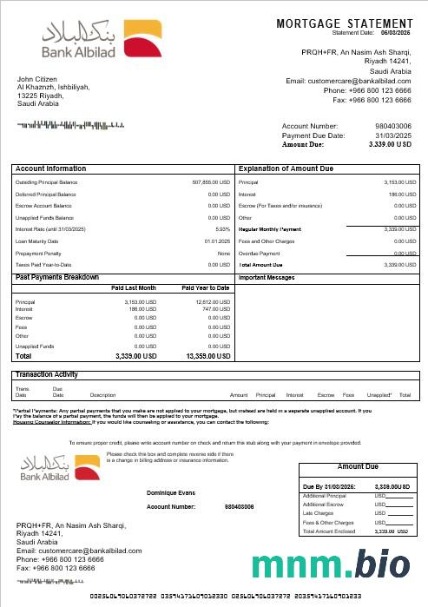 Arabia Saudyjska Bank Albilad wyciąg z kredytu hipotecznego w formatach Word i PDF
